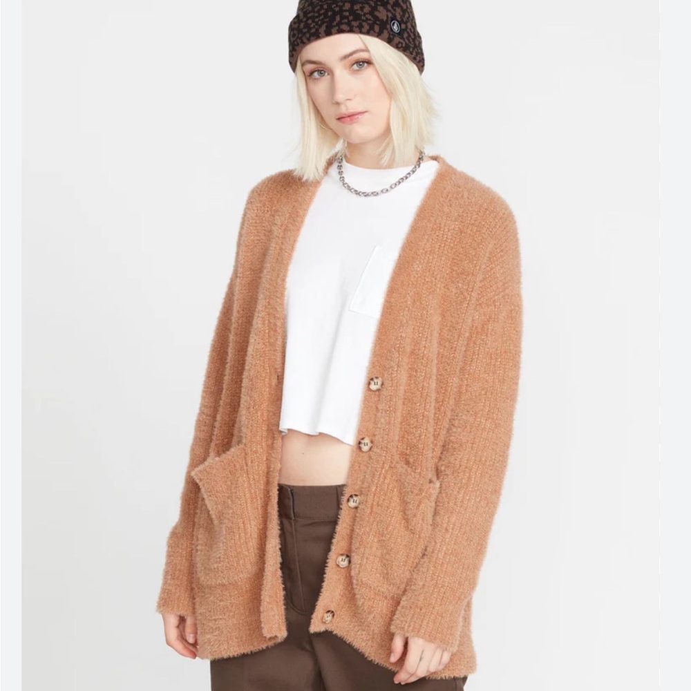 Volcom Stones Up Brown Women's Cardigan V-Neck Front Pockets‎ Size Small (4/6)